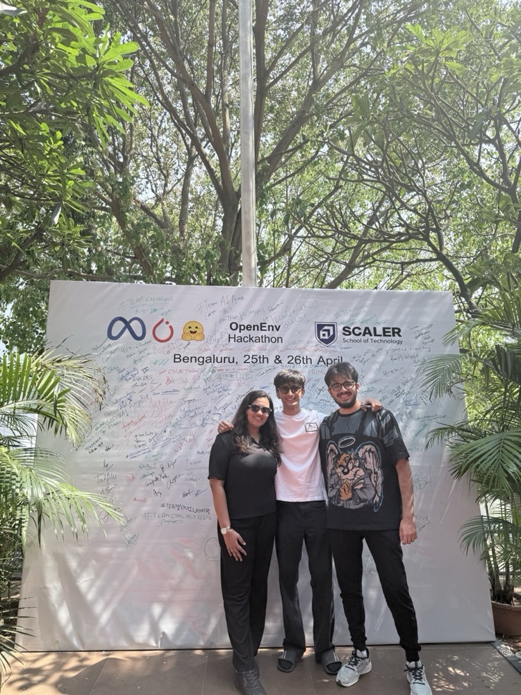 Team photo from the Meta × Scaler OpenEnv Hackathon, where The Snitch placed in the Top 100 of 32,000+ entrants